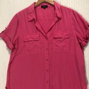 Velvet Heart Pink Button Down Shirt Roll Tab Sleeve Pockets Women's Size Large